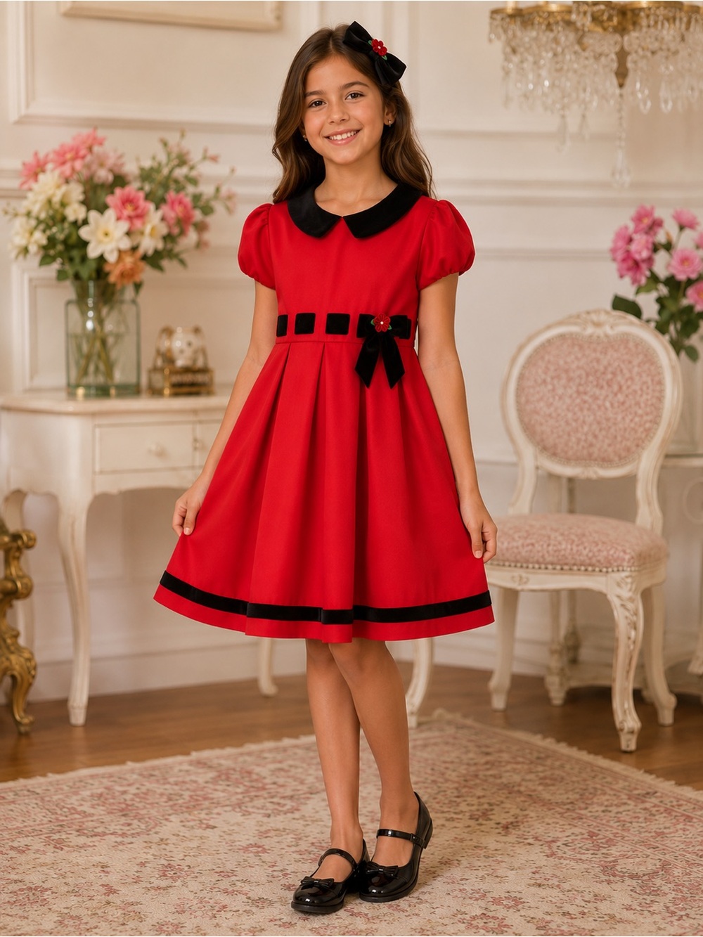 Bonnie Jean Girls Red Holiday Dress Black Velvet Trim Bow Christmas Party 80.00